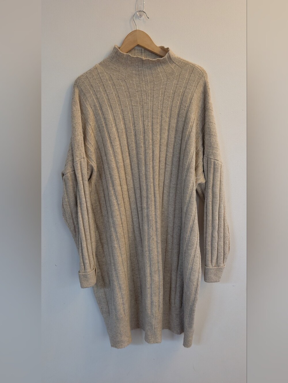 ARULA Ribbed Knit Mock Neck Long Sleeve Sweater Midi Dress Beige Size A 1X 16 18